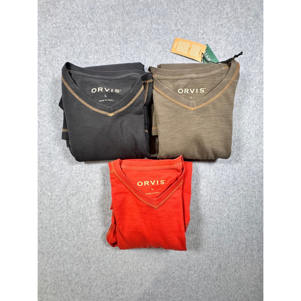 Orvis Mens V-Neck Long Sleeve T-Shirt 3 Pack Grey Green Red Large NWT